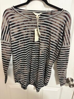 Lucky Brand NWT Gray Striped & Tie-Dye Long Sleeve Scoop Neck Top